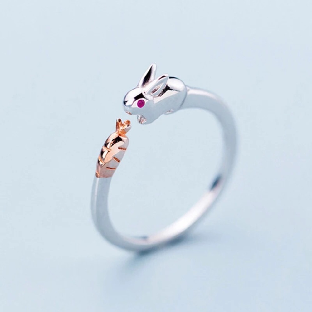 New Rabbit & Carrot Sterling Silver 925 Adjustable Ring